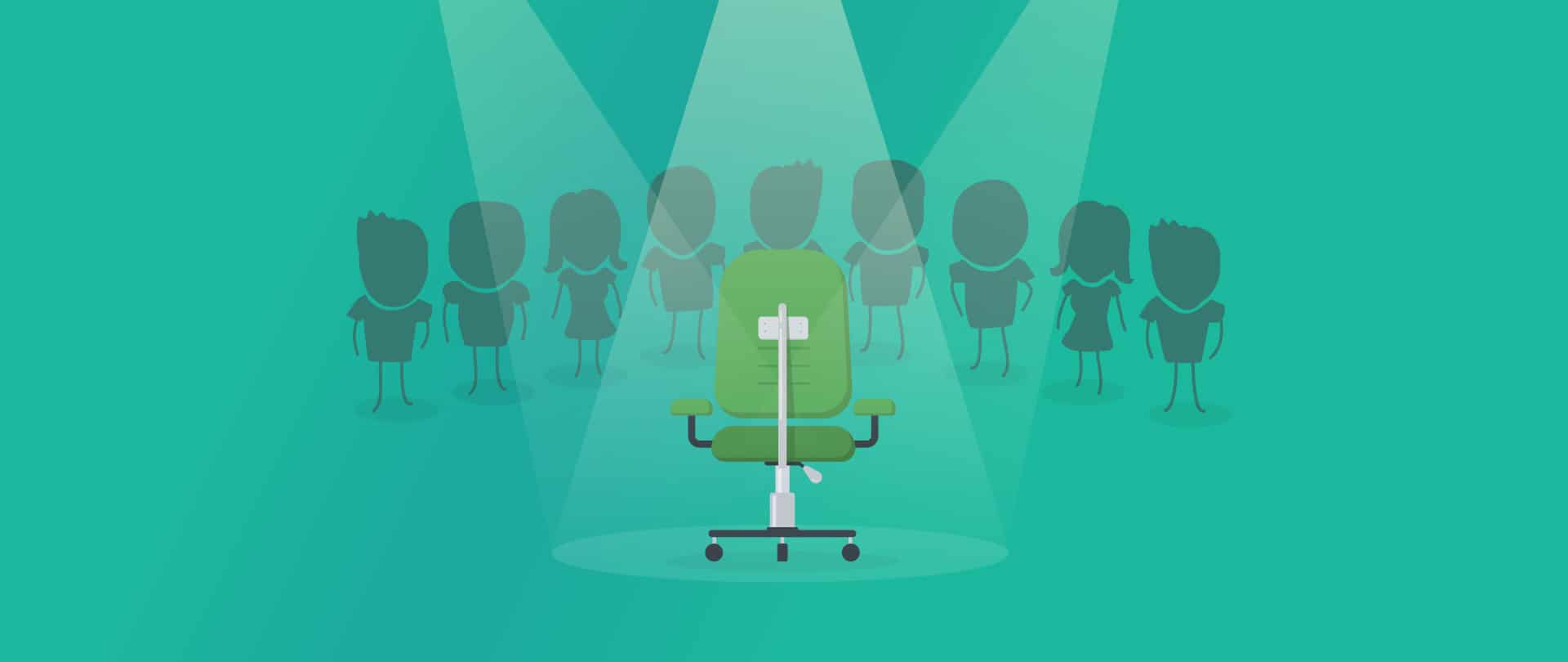 A team of shadow people gather around a green swivel chair.