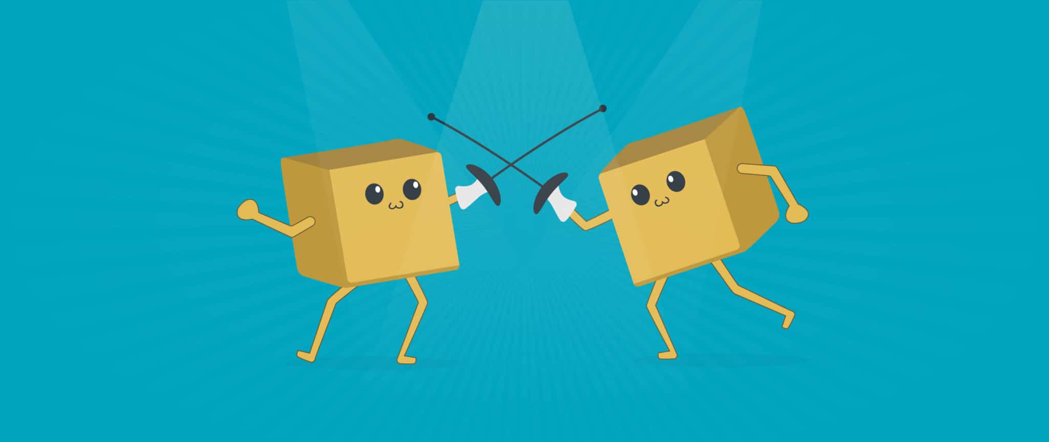 Two boxes, representing customer acquisition and customer retention, engage in a fencing match.